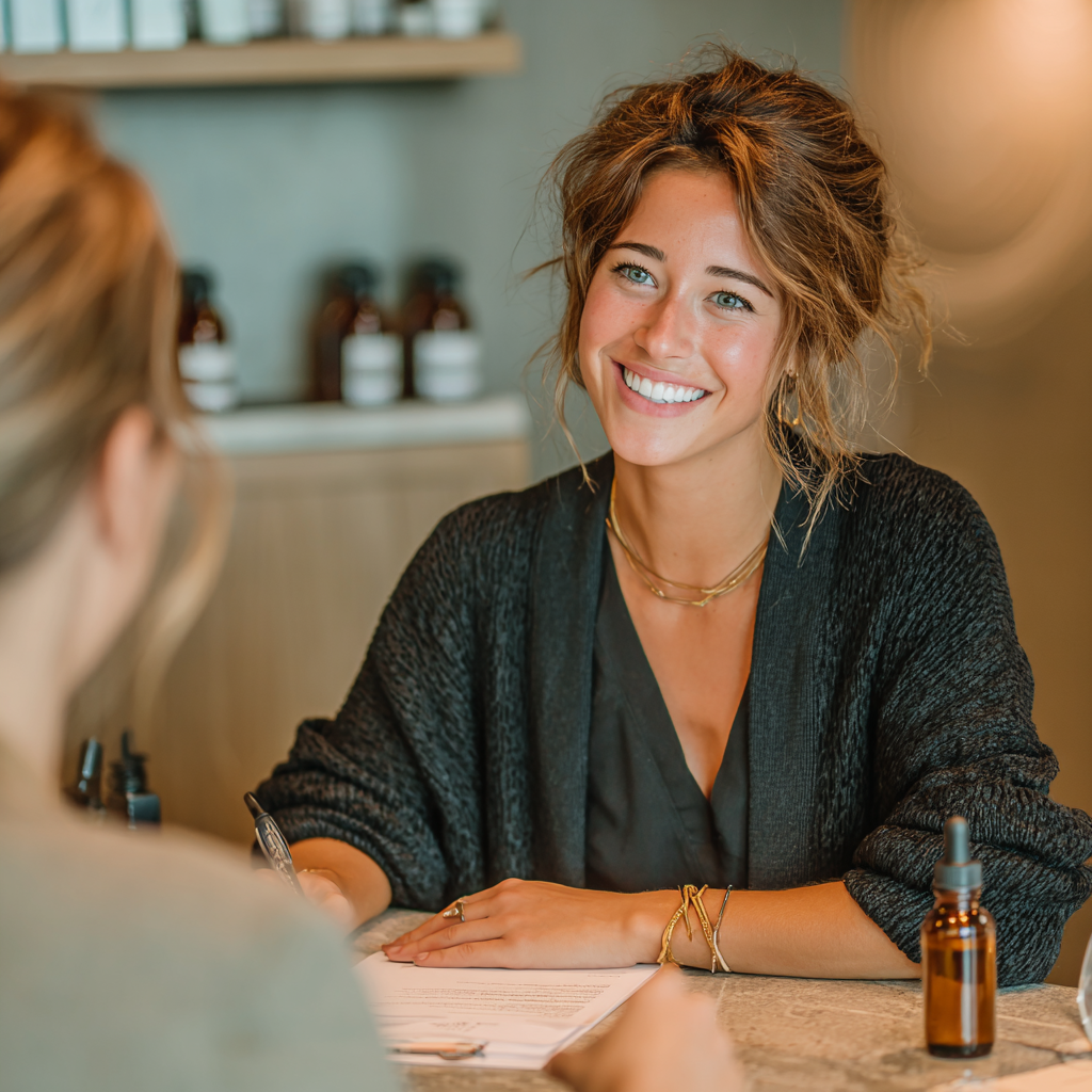 Certified naturopath specialist consulting with client about natural skincare methods