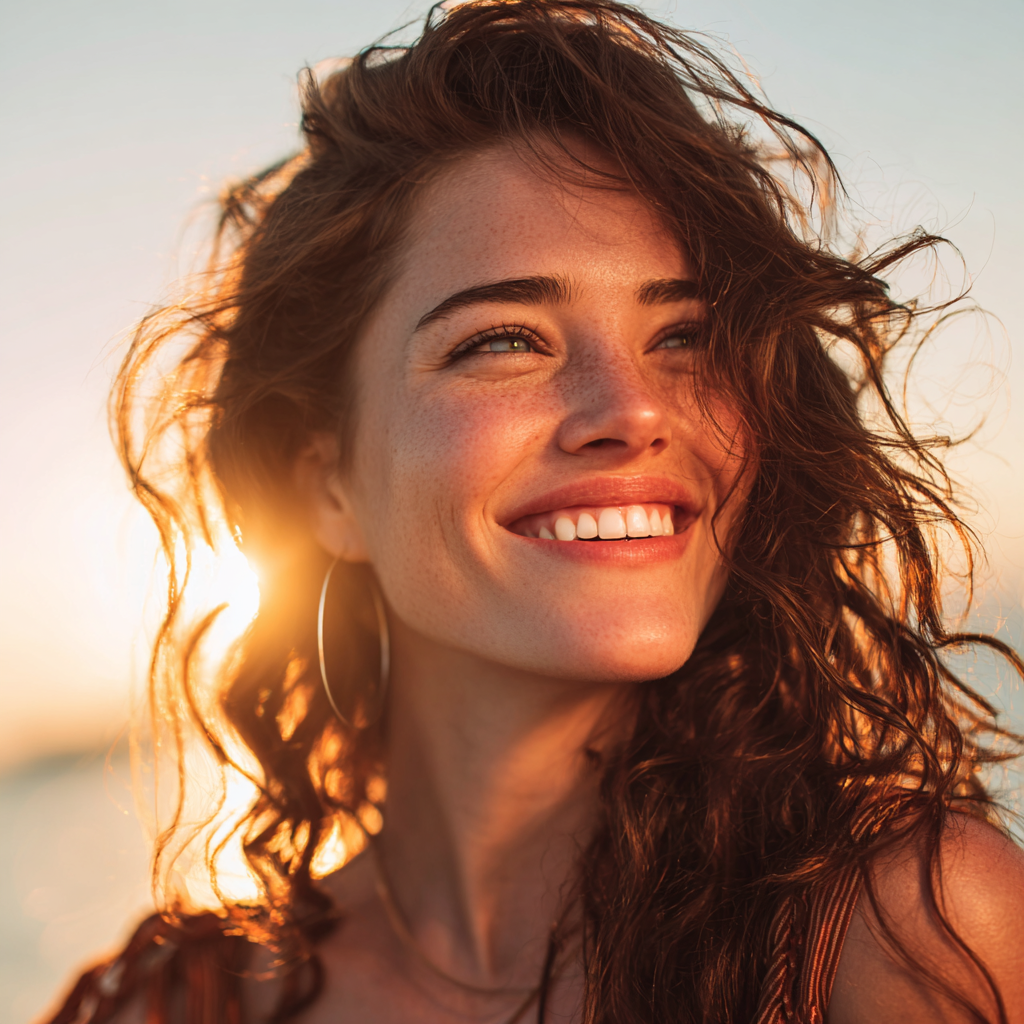 Happy woman with healthy glowing skin enjoying natural sunlight outdoors