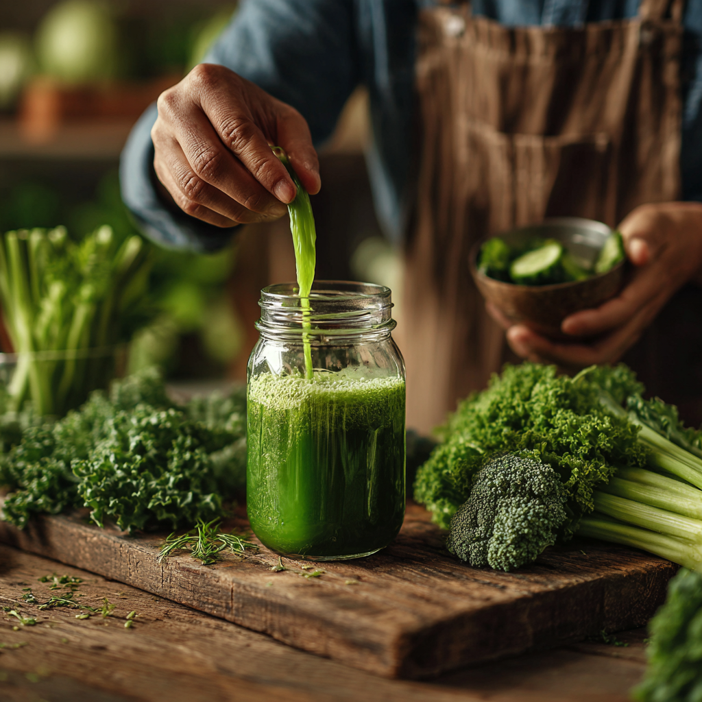 Person preparing fresh green juice with vegetables and herbs for detox program